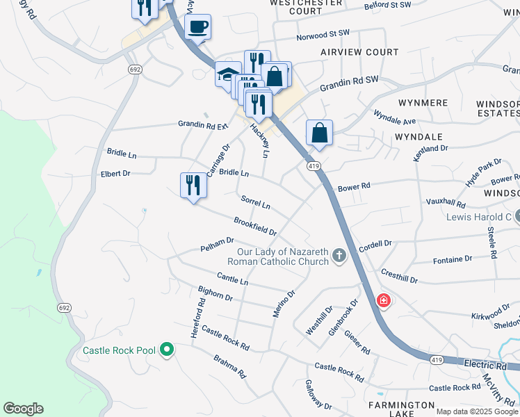 map of restaurants, bars, coffee shops, grocery stores, and more near 5242 Shelby Drive in Cave Spring