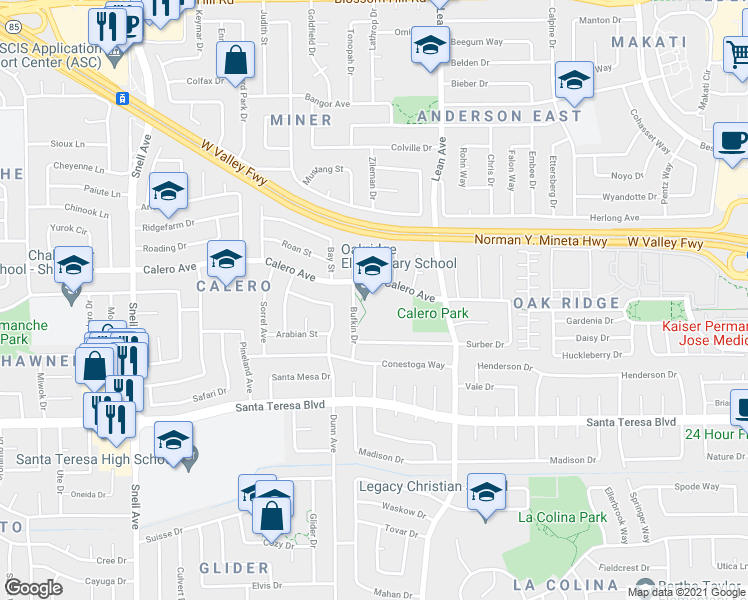 map of restaurants, bars, coffee shops, grocery stores, and more near 5920 Bufkin Drive in San Jose