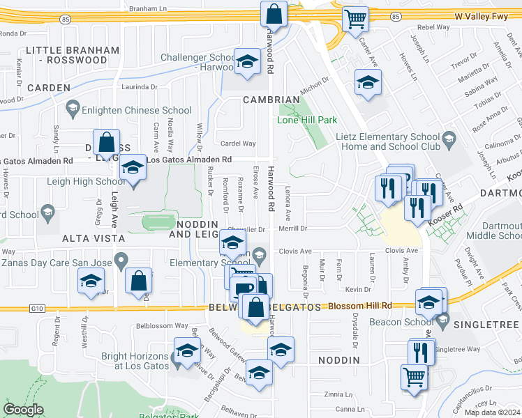 map of restaurants, bars, coffee shops, grocery stores, and more near 5385 Elrose Avenue in San Jose