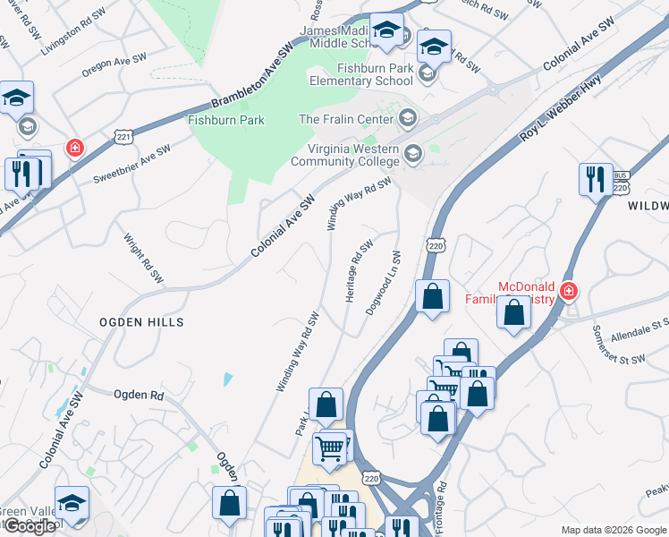 map of restaurants, bars, coffee shops, grocery stores, and more near 3722-3730 Winding Way Road Southwest in Roanoke