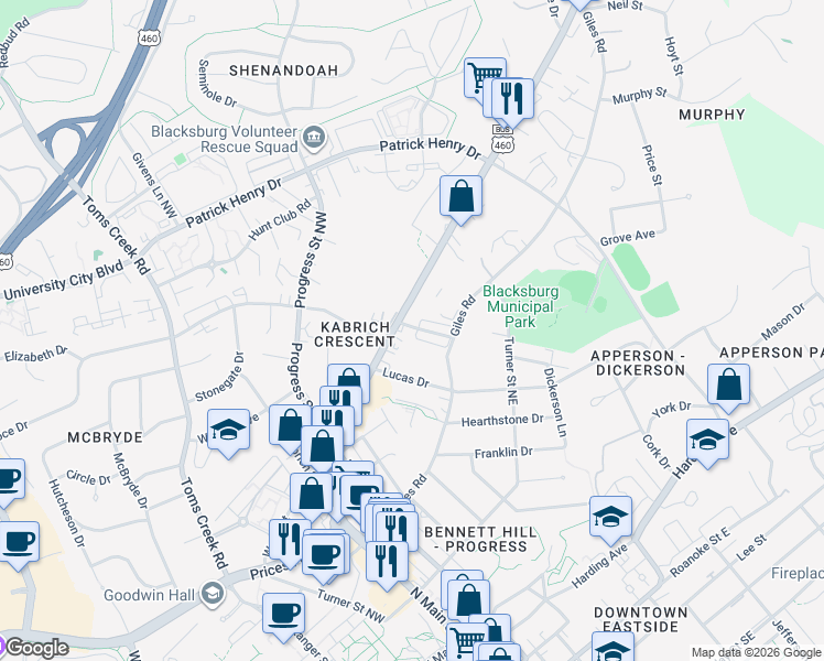 map of restaurants, bars, coffee shops, grocery stores, and more near 607 Giles Road in Blacksburg