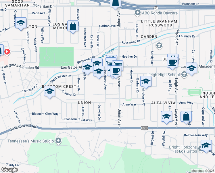 map of restaurants, bars, coffee shops, grocery stores, and more near 408 Pinehurst Avenue in Los Gatos