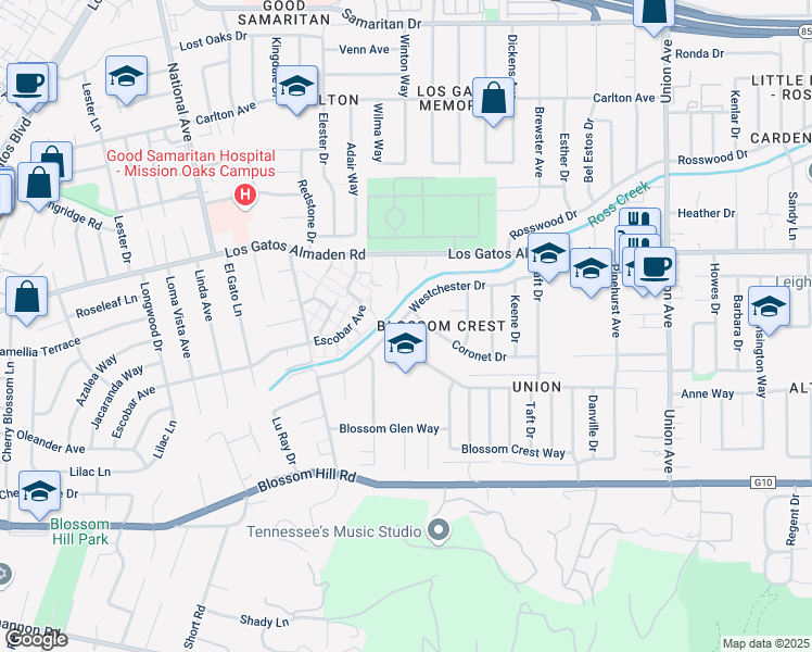 map of restaurants, bars, coffee shops, grocery stores, and more near 200 Westchester Drive in Los Gatos