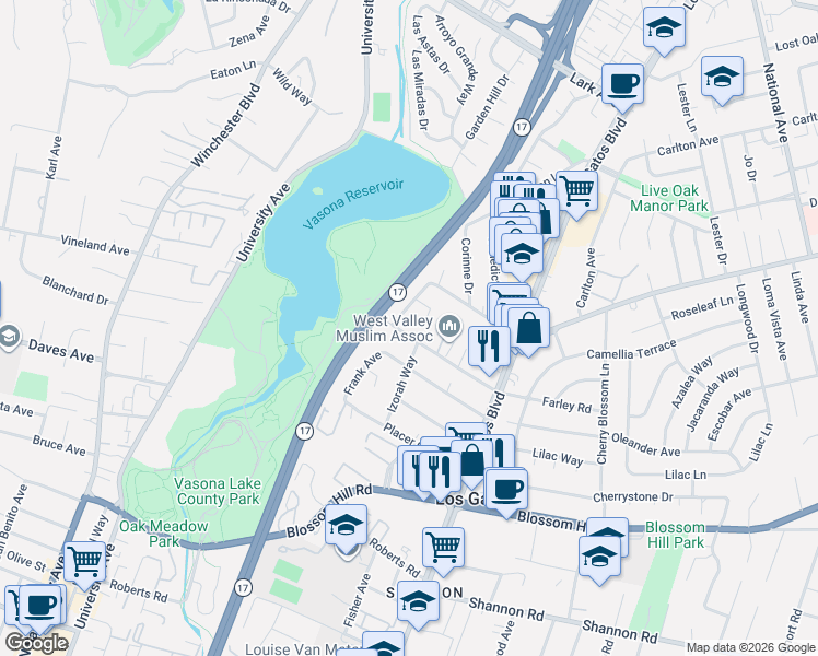 map of restaurants, bars, coffee shops, grocery stores, and more near 16830 Farley Road in Los Gatos