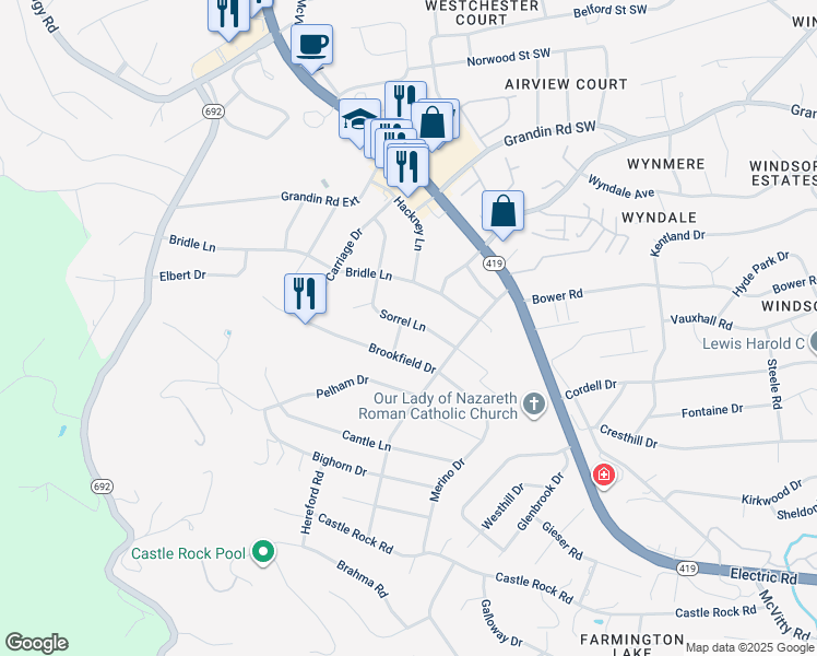 map of restaurants, bars, coffee shops, grocery stores, and more near 5242 Shelby Drive in Cave Spring