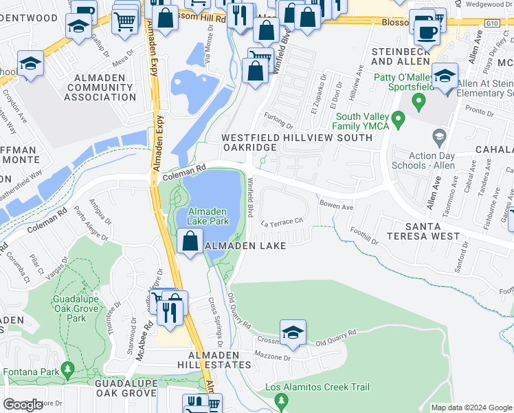 map of restaurants, bars, coffee shops, grocery stores, and more near 1002 La Terrace Circle in San Jose