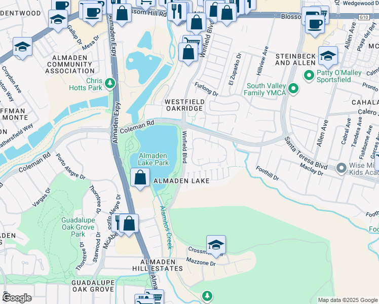 map of restaurants, bars, coffee shops, grocery stores, and more near 1002 La Terrace Circle in San Jose