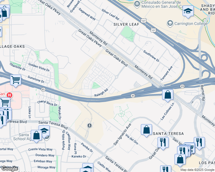 map of restaurants, bars, coffee shops, grocery stores, and more near 5972 Virtual Court in San Jose