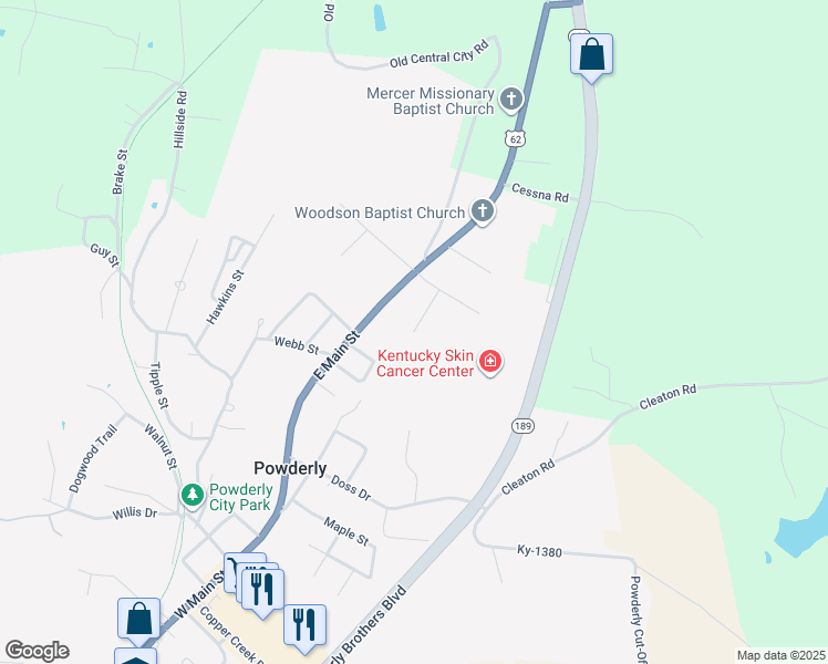 map of restaurants, bars, coffee shops, grocery stores, and more near 401 Charles Street in Powderly