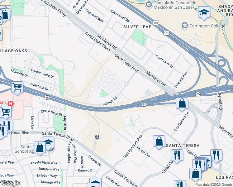 map of restaurants, bars, coffee shops, grocery stores, and more near 5968 Virtual Court in San Jose