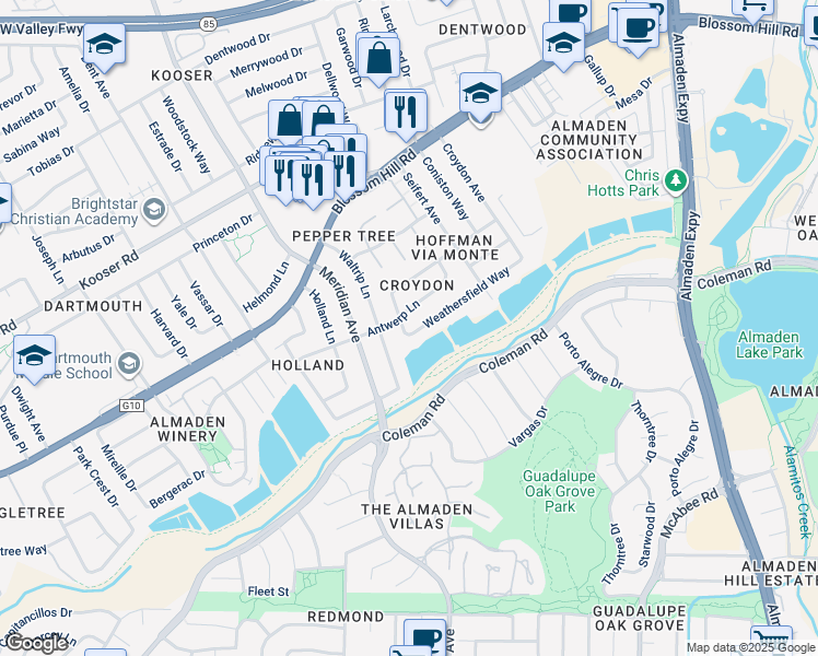 map of restaurants, bars, coffee shops, grocery stores, and more near 1314 Weathersfield Way in San Jose