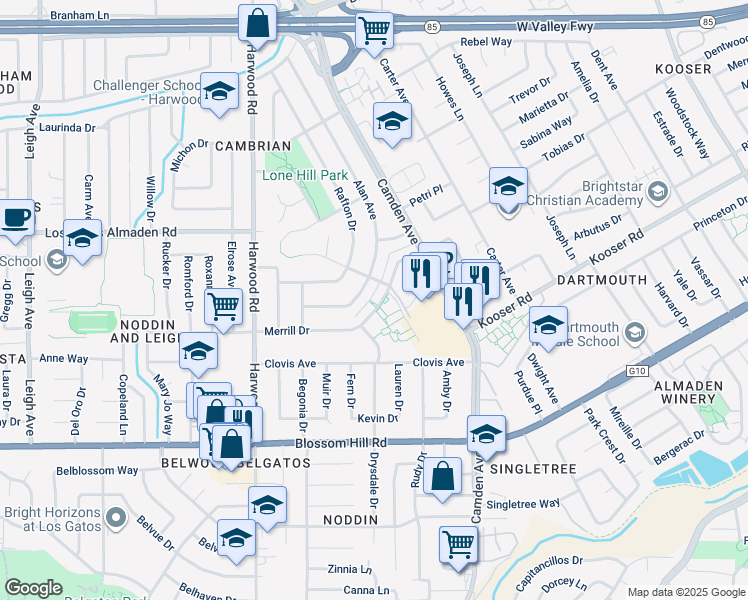 map of restaurants, bars, coffee shops, grocery stores, and more near 1670 Merrill Drive in San Jose