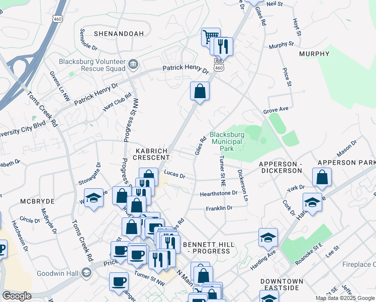 map of restaurants, bars, coffee shops, grocery stores, and more near in Blacksburg