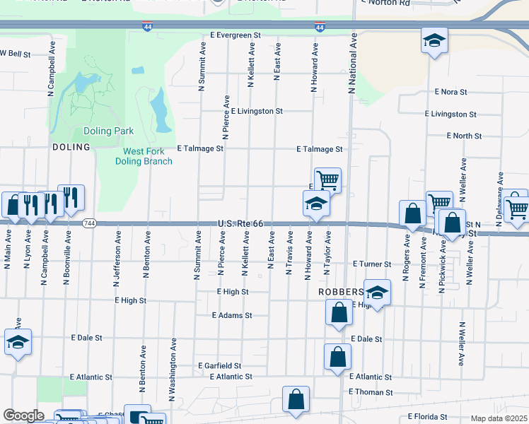 map of restaurants, bars, coffee shops, grocery stores, and more near 910 East Kearney Street in Springfield