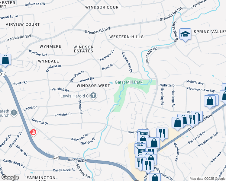 map of restaurants, bars, coffee shops, grocery stores, and more near 4208 Whitehall Circle in Cave Spring