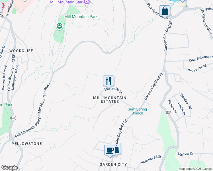 map of restaurants, bars, coffee shops, grocery stores, and more near 930 Estates Road Southeast in Roanoke