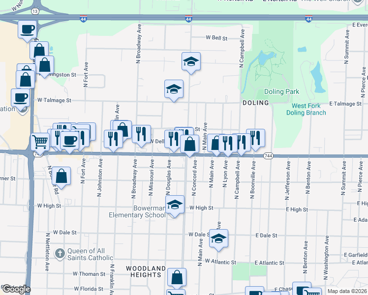 map of restaurants, bars, coffee shops, grocery stores, and more near 2411 North Grant Avenue in Springfield