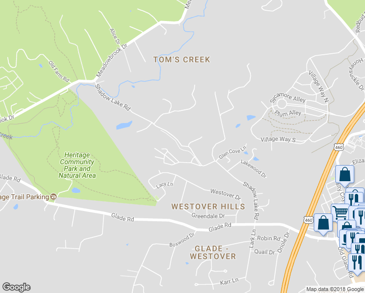 map of restaurants, bars, coffee shops, grocery stores, and more near 2598 Shadow Lake Road in Blacksburg