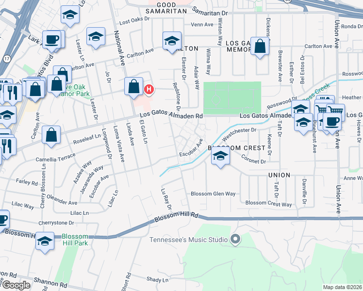 map of restaurants, bars, coffee shops, grocery stores, and more near 105 Milmar Way in Los Gatos
