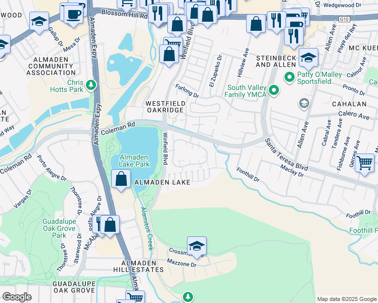 map of restaurants, bars, coffee shops, grocery stores, and more near 3007 La Terrace Circle in San Jose