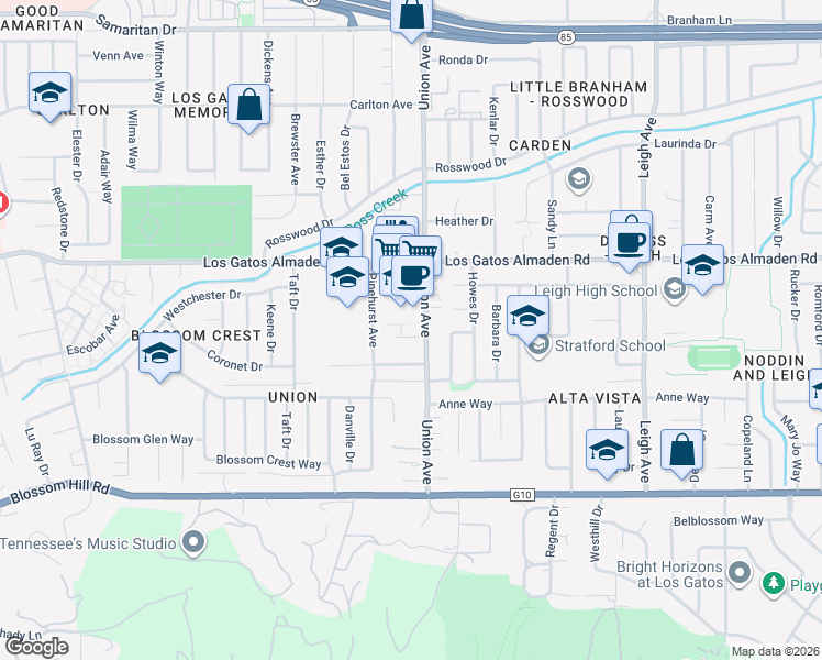 map of restaurants, bars, coffee shops, grocery stores, and more near 15561 Union Avenue in Los Gatos