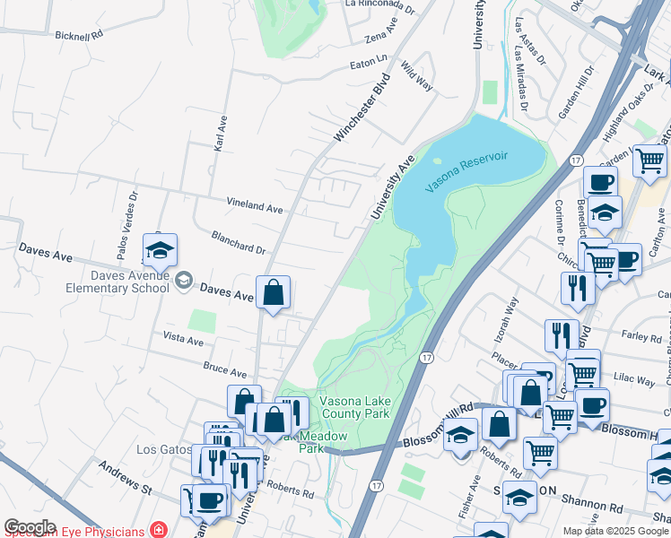 map of restaurants, bars, coffee shops, grocery stores, and more near 17374 El Rancho Avenue in Monte Sereno