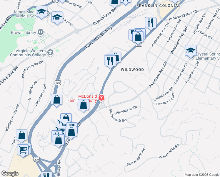 map of restaurants, bars, coffee shops, grocery stores, and more near 3207 White Oak Road Southwest in Roanoke