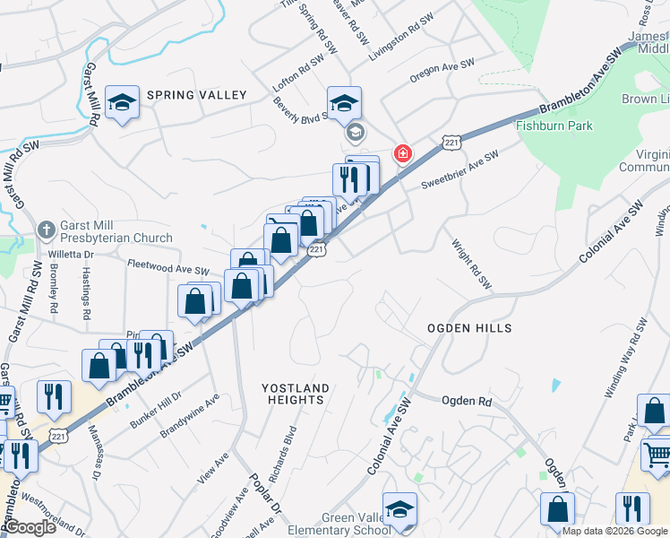 map of restaurants, bars, coffee shops, grocery stores, and more near 3611 Buckner Road Southwest in Roanoke