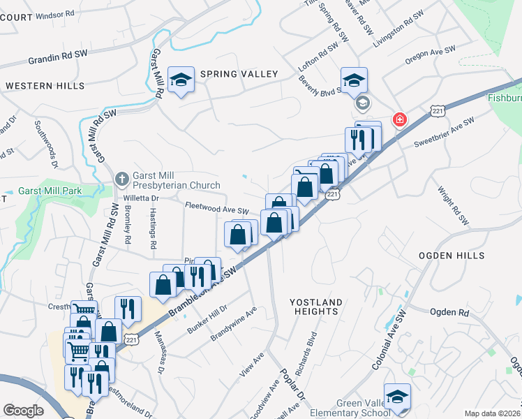 map of restaurants, bars, coffee shops, grocery stores, and more near 3225 Davis Ave in Roanoke