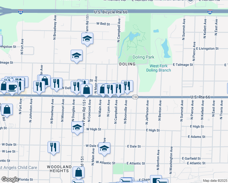 map of restaurants, bars, coffee shops, grocery stores, and more near 2446 North Lyon Avenue in Springfield