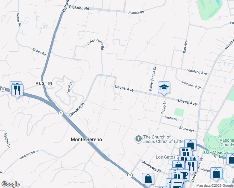 map of restaurants, bars, coffee shops, grocery stores, and more near 18124 1 Oak Lane in Monte Sereno
