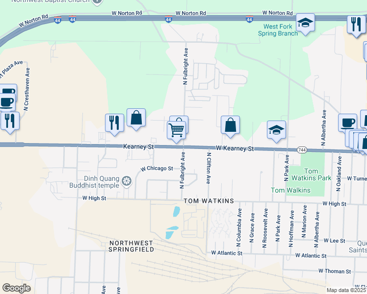 map of restaurants, bars, coffee shops, grocery stores, and more near W Kearney St & N Fulbright Ave in Springfield