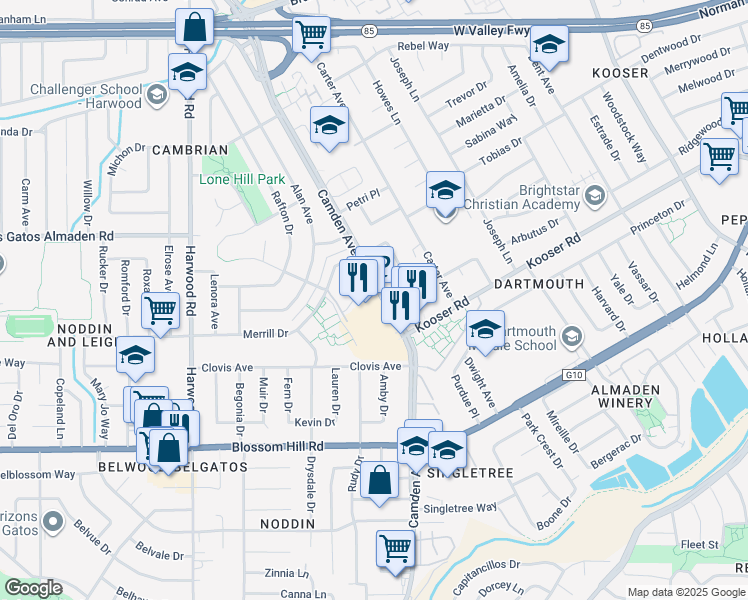 map of restaurants, bars, coffee shops, grocery stores, and more near 1654 Merrill Loop in San Jose