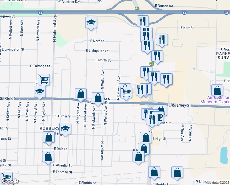 map of restaurants, bars, coffee shops, grocery stores, and more near 2500 North Delaware Avenue in Springfield