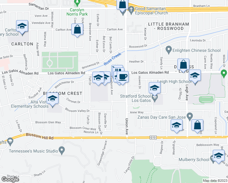 map of restaurants, bars, coffee shops, grocery stores, and more near 414 Pinehurst Avenue in Los Gatos