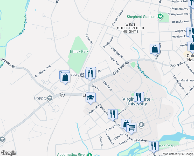 map of restaurants, bars, coffee shops, grocery stores, and more near 3513 South Street in Petersburg