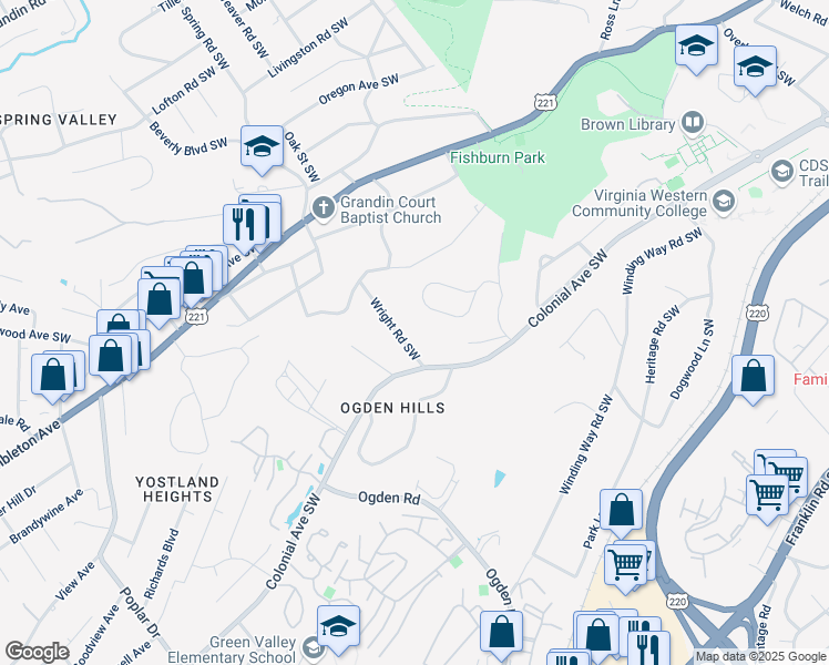 map of restaurants, bars, coffee shops, grocery stores, and more near 2576 Inglewood Road Southwest in Roanoke