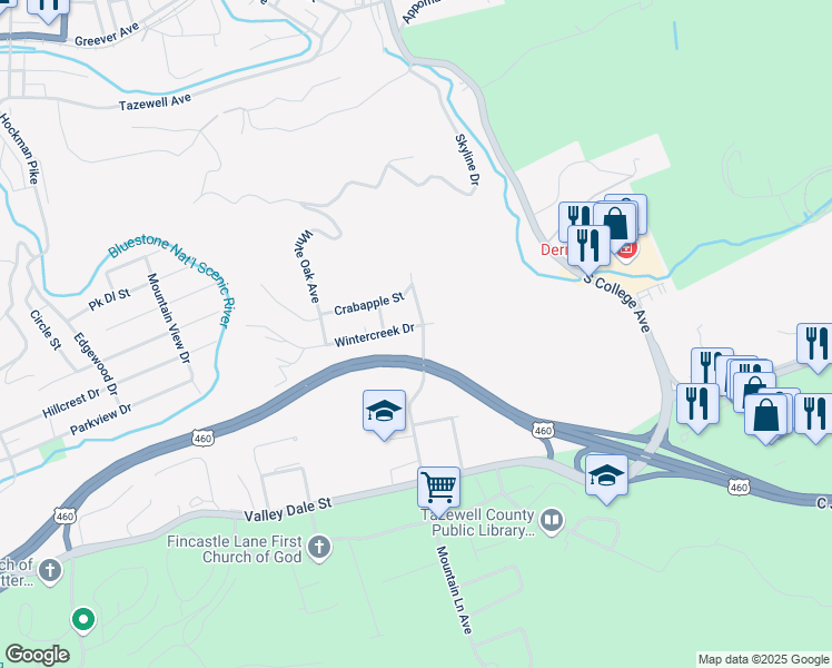 map of restaurants, bars, coffee shops, grocery stores, and more near 201 Wintercreek Drive in Bluefield