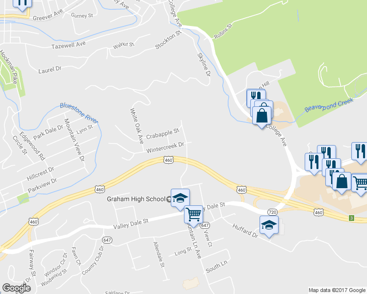 map of restaurants, bars, coffee shops, grocery stores, and more near 201 Wintercreek Drive in Bluefield
