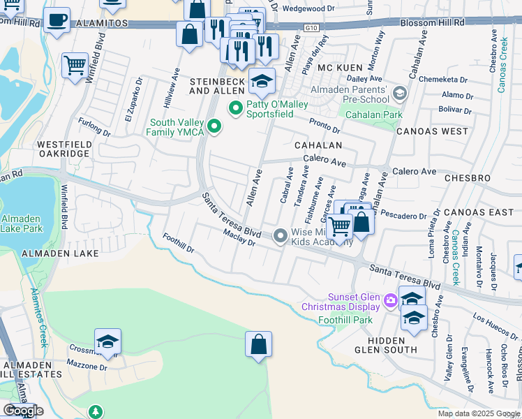 map of restaurants, bars, coffee shops, grocery stores, and more near 5949 Taormino Avenue in San Jose