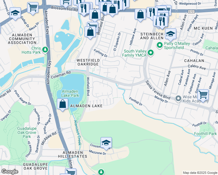 map of restaurants, bars, coffee shops, grocery stores, and more near 2305 La Terrace Circle in San Jose