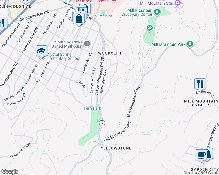 map of restaurants, bars, coffee shops, grocery stores, and more near 2388 Robin Hood Road Southeast in Roanoke