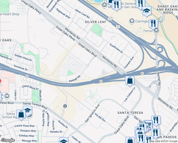 map of restaurants, bars, coffee shops, grocery stores, and more near 7 Great Oaks Boulevard in San Jose