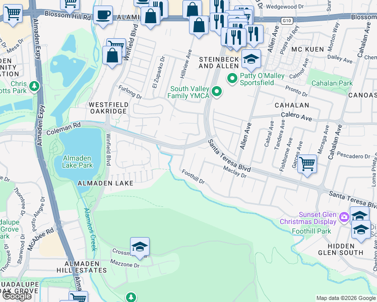 map of restaurants, bars, coffee shops, grocery stores, and more near 5908 Garlough Drive in San Jose