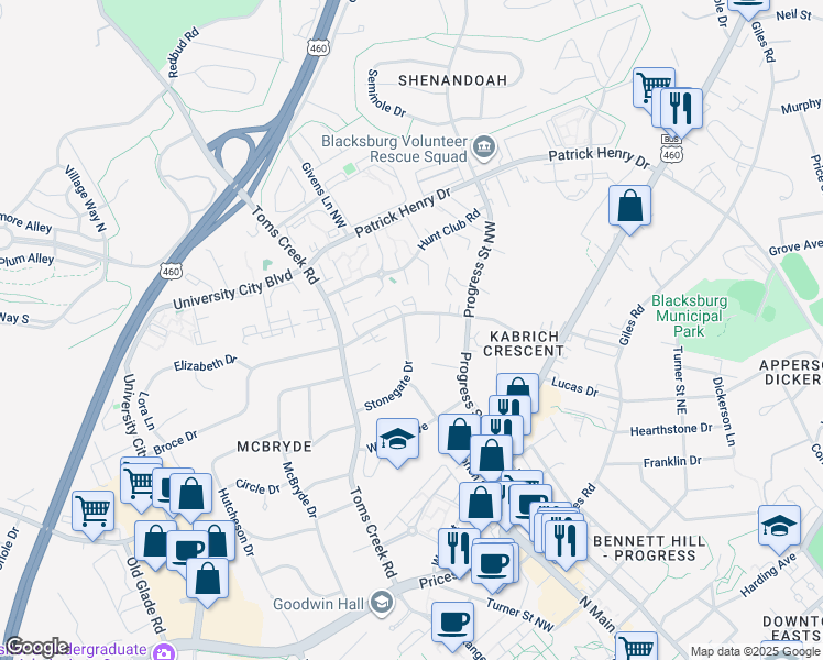 map of restaurants, bars, coffee shops, grocery stores, and more near 320 Broce Drive in Blacksburg