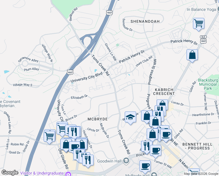 map of restaurants, bars, coffee shops, grocery stores, and more near 600 Appalachian Drive in Blacksburg