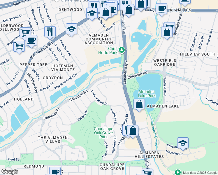map of restaurants, bars, coffee shops, grocery stores, and more near 5828 Antigua Court in San Jose