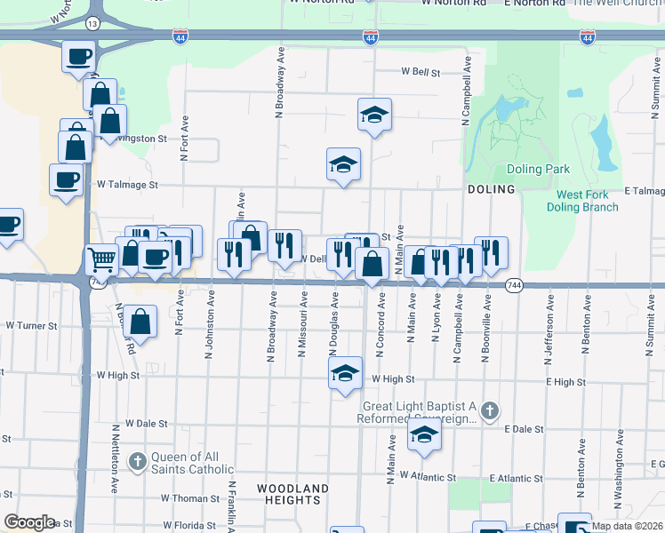 map of restaurants, bars, coffee shops, grocery stores, and more near 725 West Della Street in Springfield