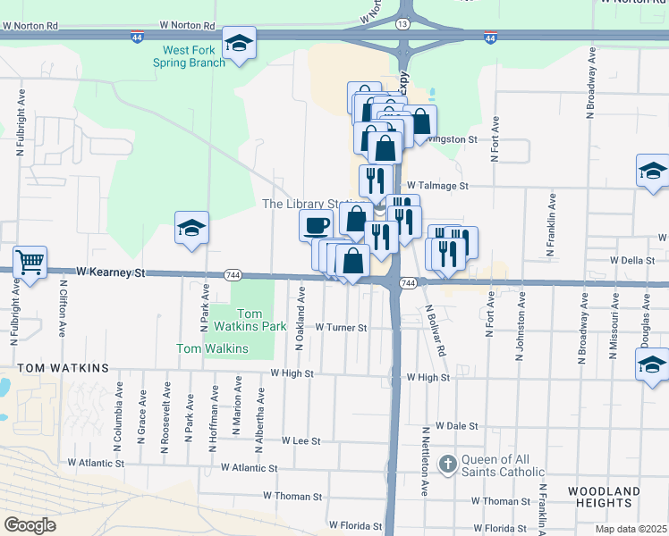map of restaurants, bars, coffee shops, grocery stores, and more near 1831 West Melville Road in Springfield
