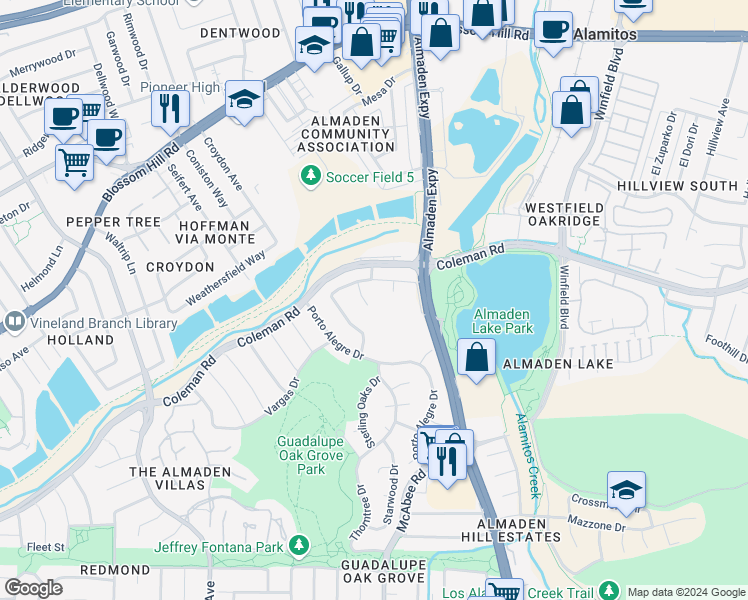 map of restaurants, bars, coffee shops, grocery stores, and more near 5828 Antigua Court in San Jose
